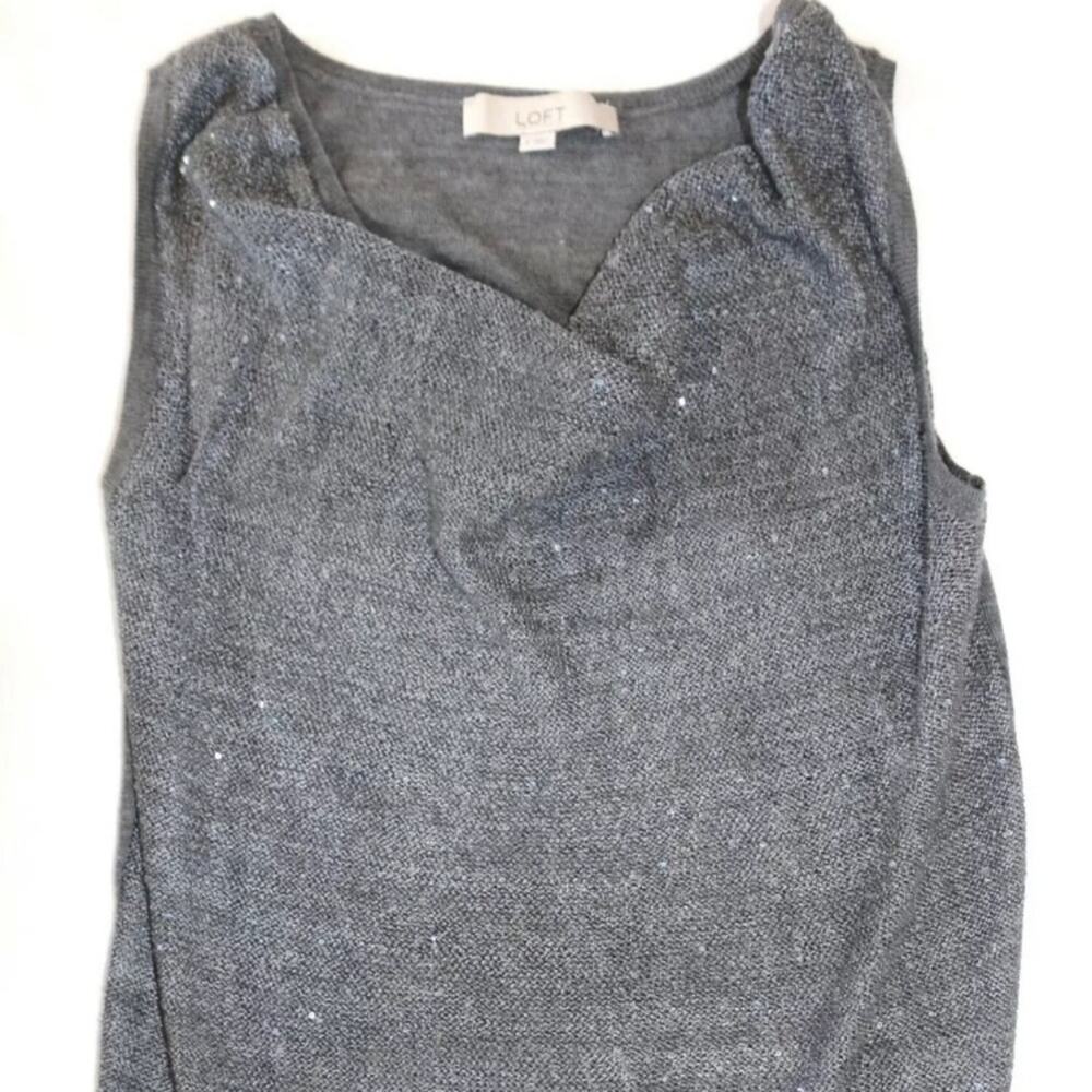 Ann Taylor LOFT S Pewter Gray Tiny Sequin Soft Draped Neckline Tank‎ Top